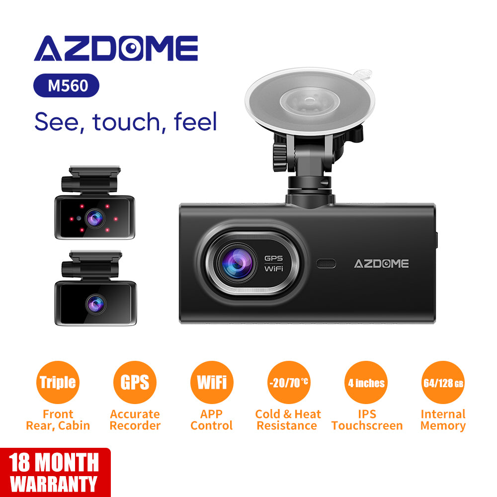 AZDOME M560 3 Channel 4K Dash Cam, 4" IPS Touchscreen Built-in eMMC 128GB , WiFi, GPS  24H Parking Mode, IR Night Vision, G-Sensor Car Dash Cam