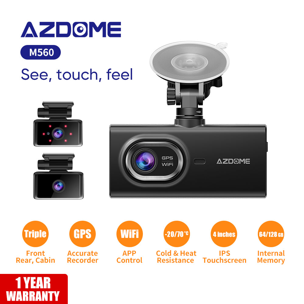 AZDOME M560 3 Channel 4K Dash Cam, 4" IPS Touchscreen Built-in eMMC 128GB , WiFi, GPS  24H Parking Mode, IR Night Vision, G-Sensor Car Dash Cam