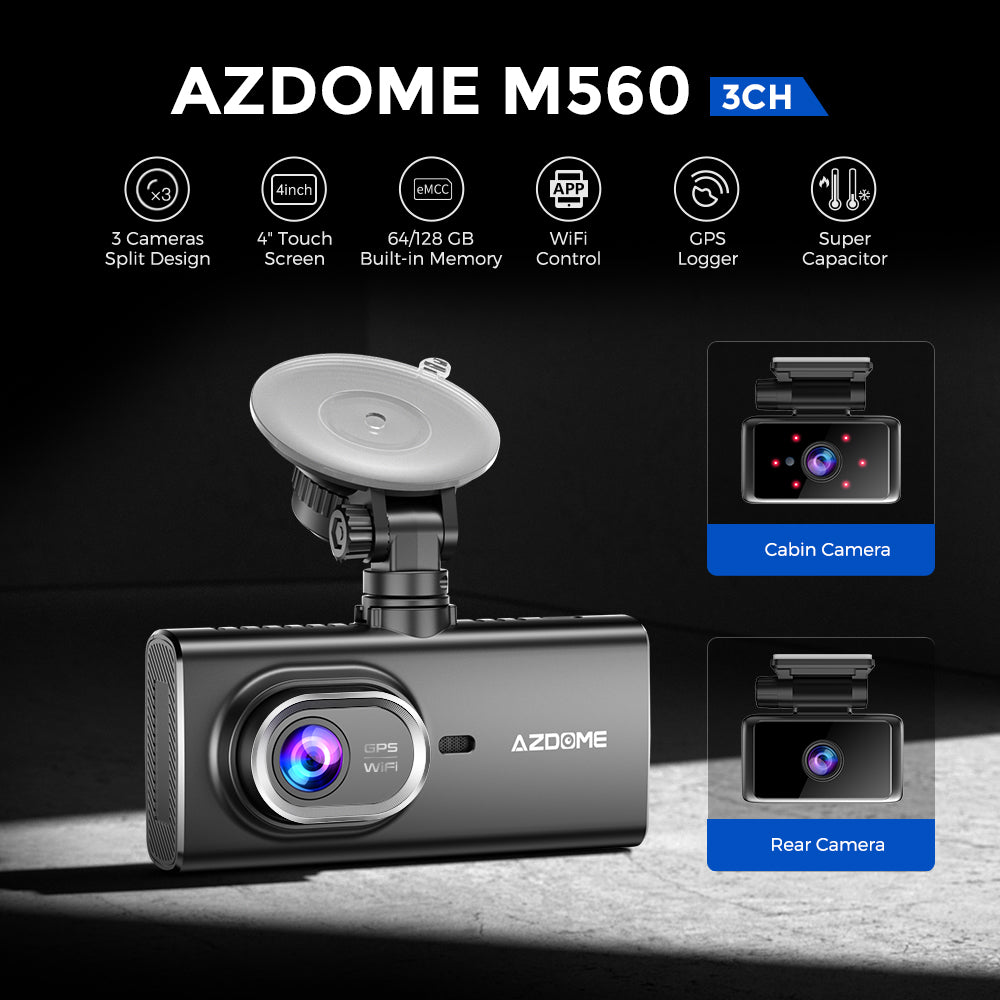 AZDOME M560 3 Channel 4K Dash Cam, 4" IPS Touchscreen Built-in eMMC 128GB , WiFi, GPS  24H Parking Mode, IR Night Vision, G-Sensor Car Dash Cam