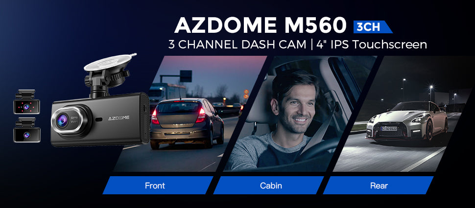 AZDOME M560 3 Channel 4K Dash Cam, 4" IPS Touchscreen Built-in eMMC 128GB , WiFi, GPS  24H Parking Mode, IR Night Vision, G-Sensor Car Dash Cam