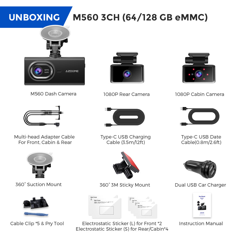 AZDOME M560 3 Channel 4K Dash Cam, 4" IPS Touchscreen Built-in eMMC 128GB , WiFi, GPS  24H Parking Mode, IR Night Vision, G-Sensor Car Dash Cam