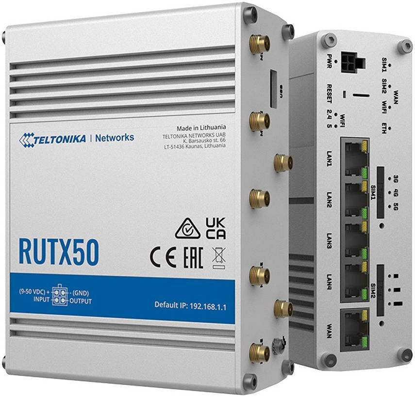 Teltonika RUTX50 5G Router: Dual Sim, WiFi 5, LTE CAT 20, 3.3 Gbps Speeds, Up to 150 Clients, SA & NSA Architectures, Low Latency. | RUTX50