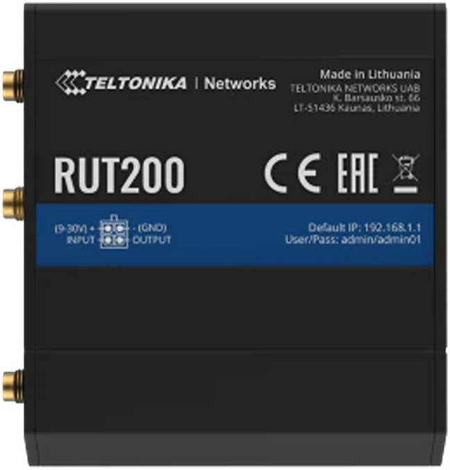 Teltonika RUT200 Industrial Cellular Router, 4G/LTE (Cat 4), 3G, 2G / 802.11n Wi-Fi Connectivity, up to 150 Mbps Speed 2 x Ethernet Ports, I/O Digital Input/Output, RMS Compatible, Black | RUT200