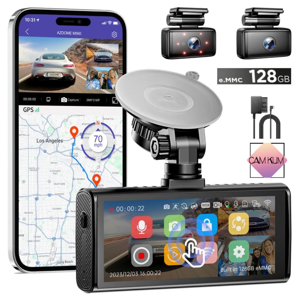 AZDOME M560 3 Channel 4K Dash Cam, 4" IPS Touchscreen Built-in eMMC 128GB , WiFi, GPS  24H Parking Mode, IR Night Vision, G-Sensor Car Dash Cam