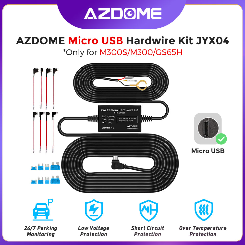 AZDOME HW03L Car DVR HardWire Kit For M300/M300S Low Vol Protection Micro USB Port 12V-24V in 5V3A Out