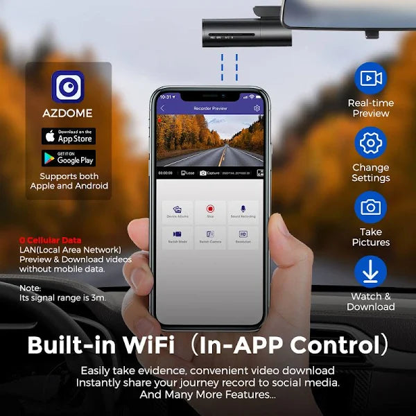 AZDOME M300 Dash Cam 1080P Car DVR WiFi English Voice Command APP Control Front Hidden Car Video Camera Recorder
